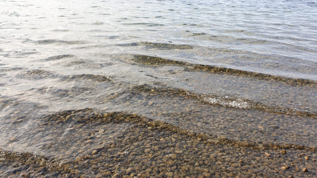 small waves on a lake shore, letting go